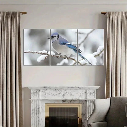 3pcs Blue Bird On A Branch Snowy Scene Wall Art Set Canvas Framed 40x60cm - High Quality Print 100% Australian Made Wall Canvas Ready to Hang