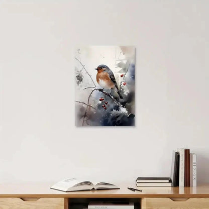 Framed artwork of a bird on a branch with berries on a white wall above a wooden shelf with books.