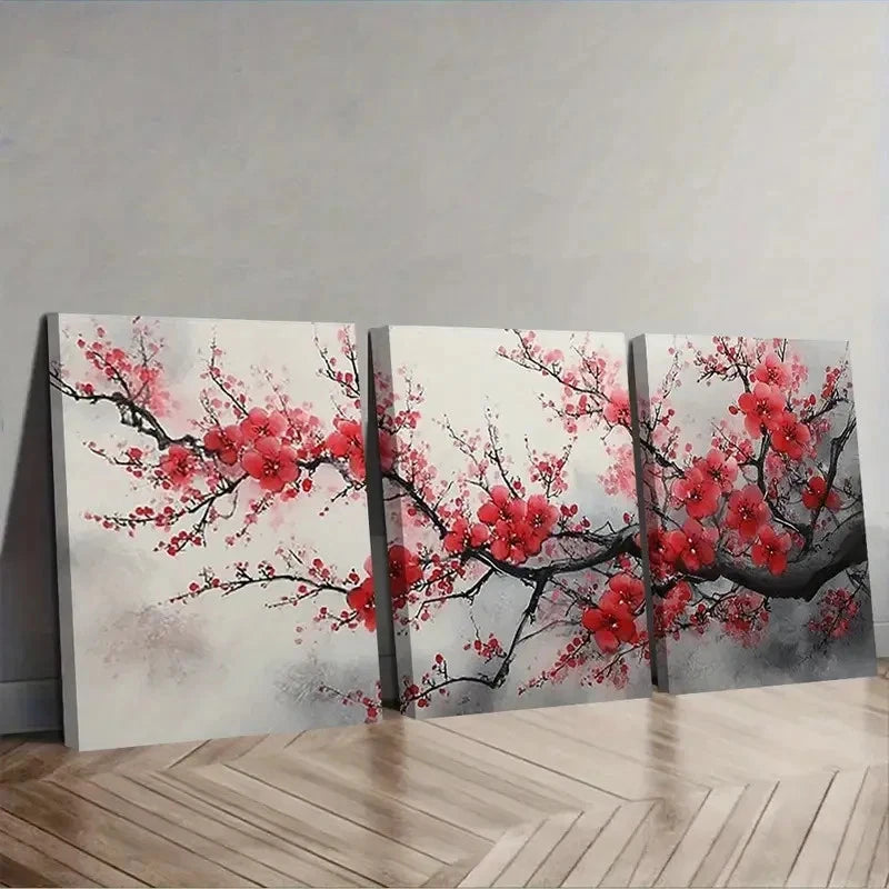 3pcs Cherry Blossoms Ink Painting Wall Art Set Canvas Framed 40x60cm - High Quality Print 100% Australian Made Wall Canvas Ready to Hang