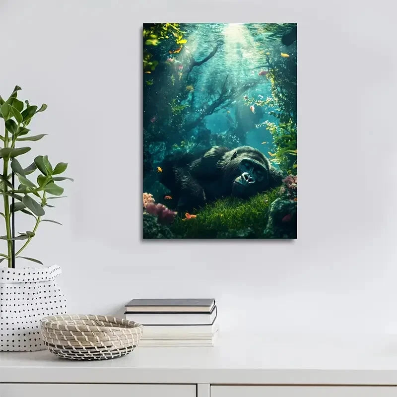 Dreamlike Gorilla Underwater Scene with Sun Painting 40x60cm Metal Print Ready to Hang