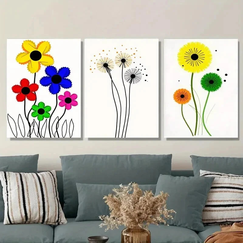 3pcs Vibrant Floral & Dandelion Colorful Flower Wall Art Set Canvas Framed 40x60cm - High Quality Print 100% Australian Made Wall Canvas Ready to Hang