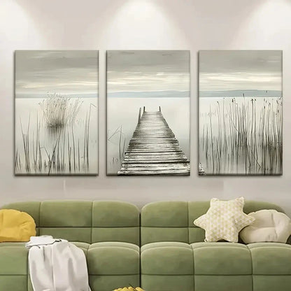 3pcs Reed Pier In The Fog Metal Print Ready to Hang Art