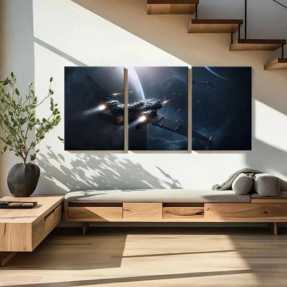 3pcs Futuristic Spaceship in Cosmic Setting Wall Art Set Canvas Framed 40x60cm - High Quality Print 100% Australian Made Wall Canvas Ready to Hang