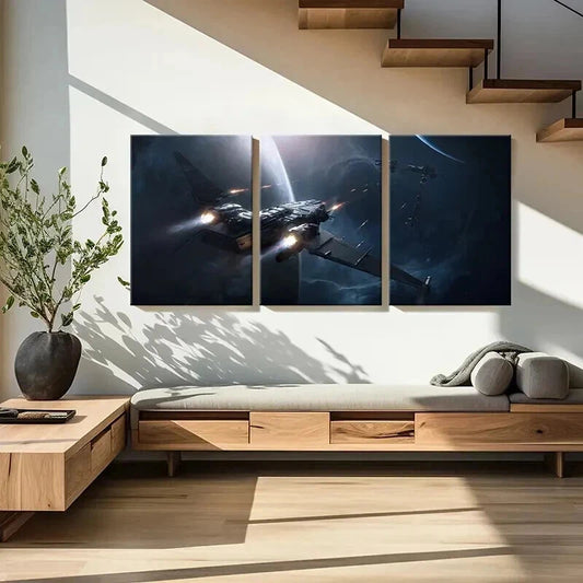3pcs Futuristic Spaceship in Cosmic Setting Wall Art Set Canvas Framed 40x60cm - High Quality Print 100% Australian Made Wall Canvas Ready to Hang