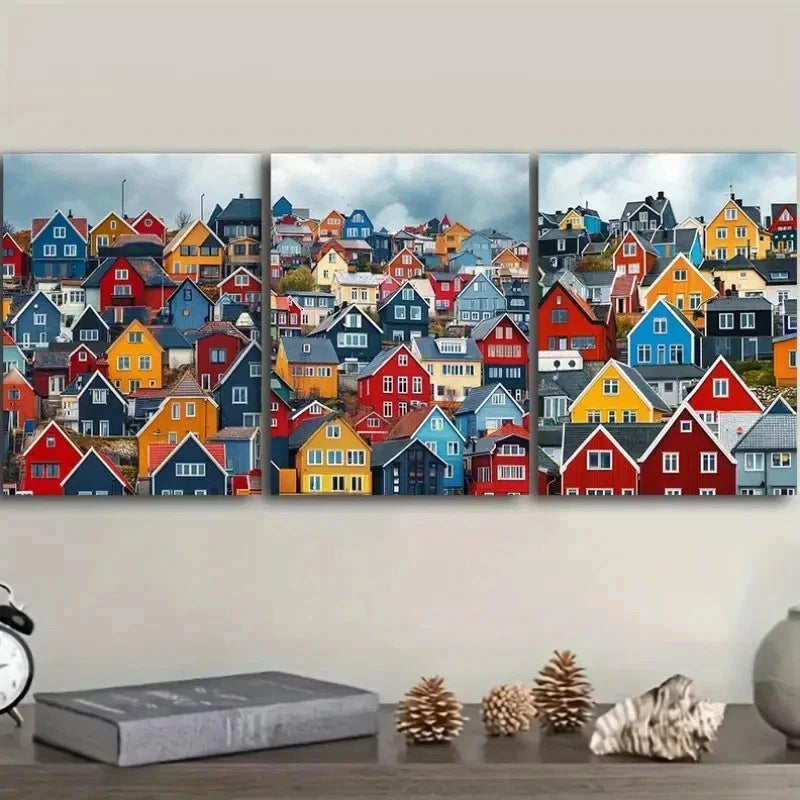 3pcs Colorful Houses Painting Decor Wall Art Set Canvas Framed 40x60cm - High Quality Print 100% Australian Made Wall Canvas Ready to Hang