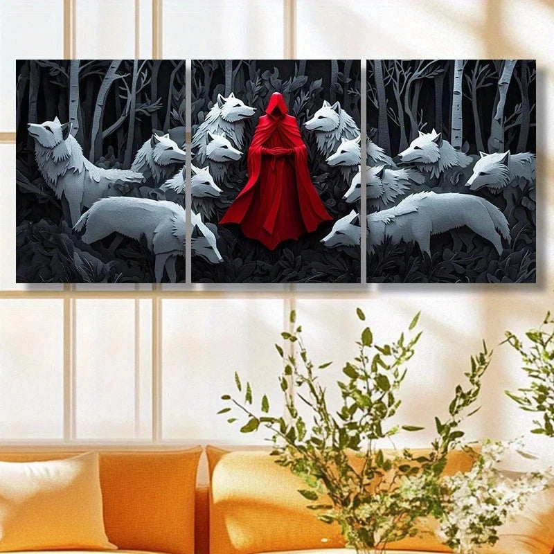 3pcs White Wolves Surrounding Red Figure Metal Print Ready to Hang Art