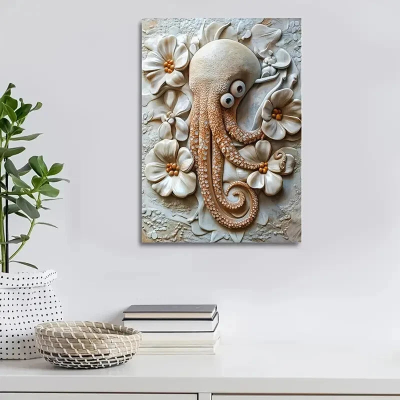 Cuttlefish Among Heart Shaped Flowers Painting 40x60cm Metal Print Ready to Hang