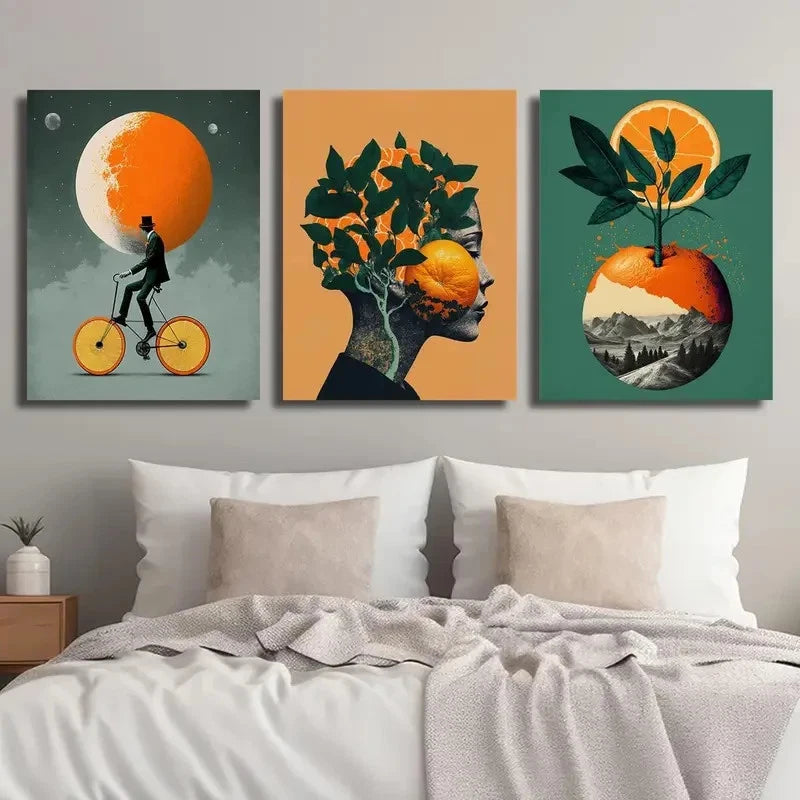 3pcs Abstract Fruit Bicycle People Décor Perfect Wall Art Set Canvas Framed 40x60cm - High Quality Print 100% Australian Made Wall Canvas Ready to Hang