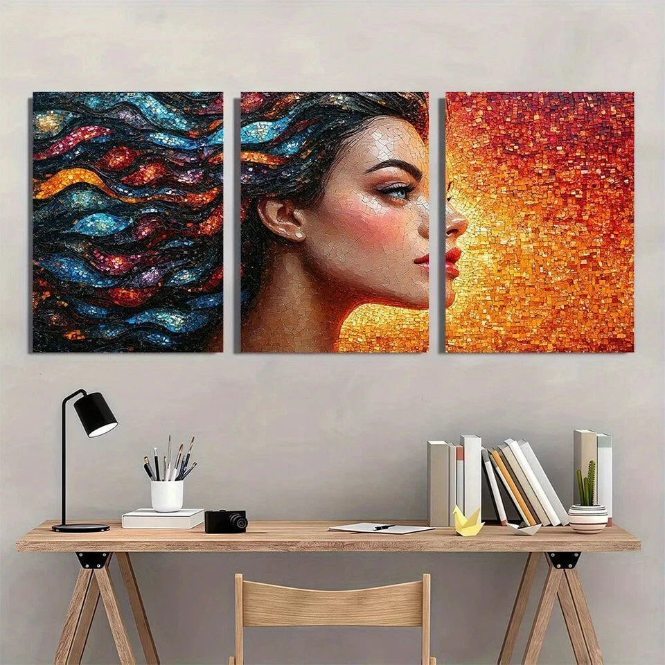 3pcs Vibrant Mosaic Design Blue Orange & Black Metal Print Ready to Hang Art
