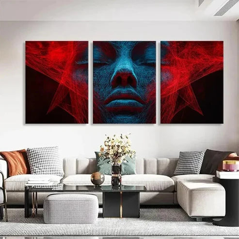 3pcs Neon Red and Blue Wireframe Design Perfect Wall Art Set Canvas Unframed - High Quality Print 100% Australian Made Wall Canvas