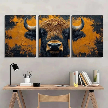3pcs Orange & Black Bison Buffalo Decoration Wall Art Set Canvas Framed 40x60cm - High Quality Print 100% Australian Made Wall Canvas Ready to Hang