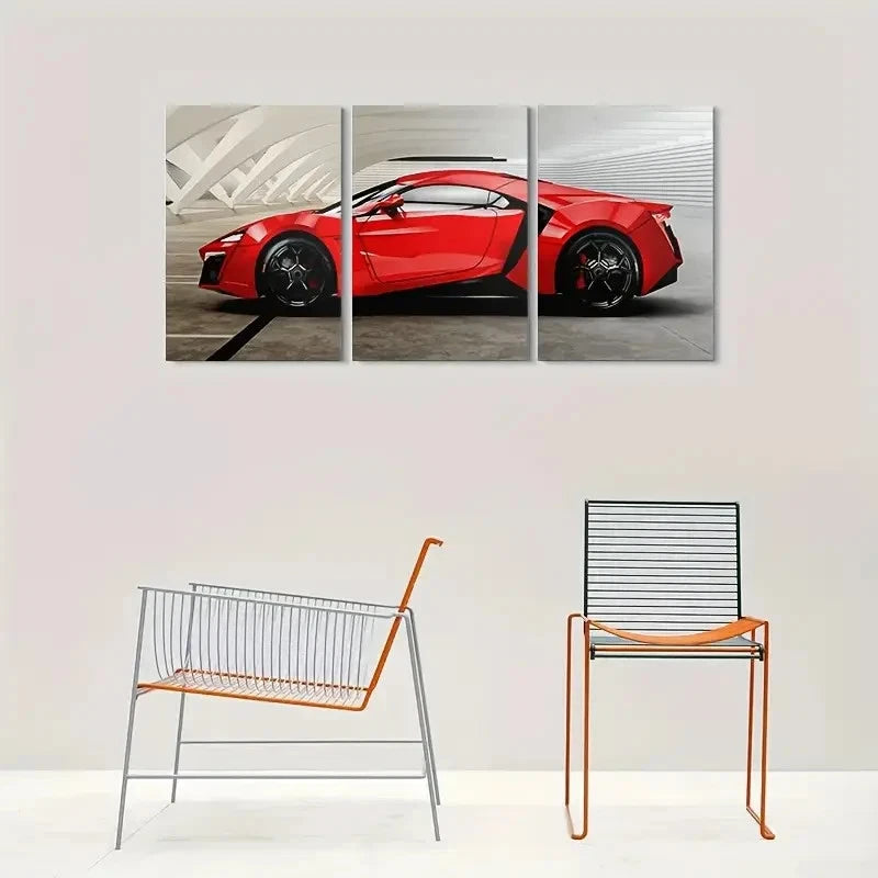 3pcs Modern Red Sports Car Black Rims Metal Print Ready to Hang Art