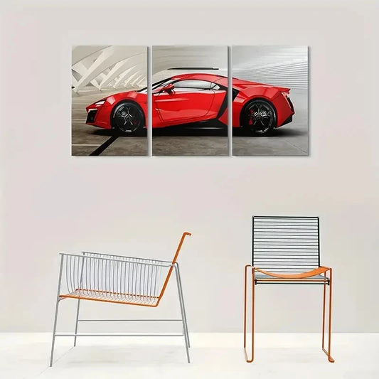 3pcs Modern Red Sports Car Black Rims Metal Print Ready to Hang Art