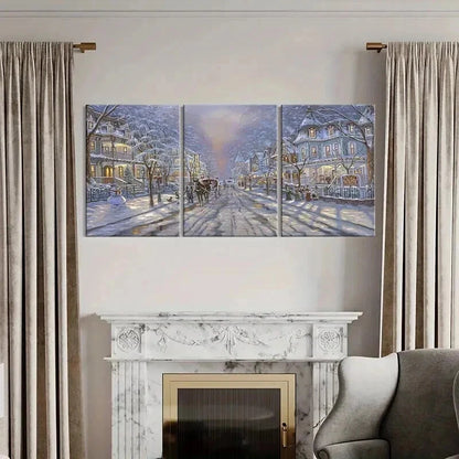 3pcs Snowy Town Scene with Horse Drawn Carriage Wall Art Set Canvas Framed 40x60cm - High Quality Print 100% Australian Made Wall Canvas Ready to Hang