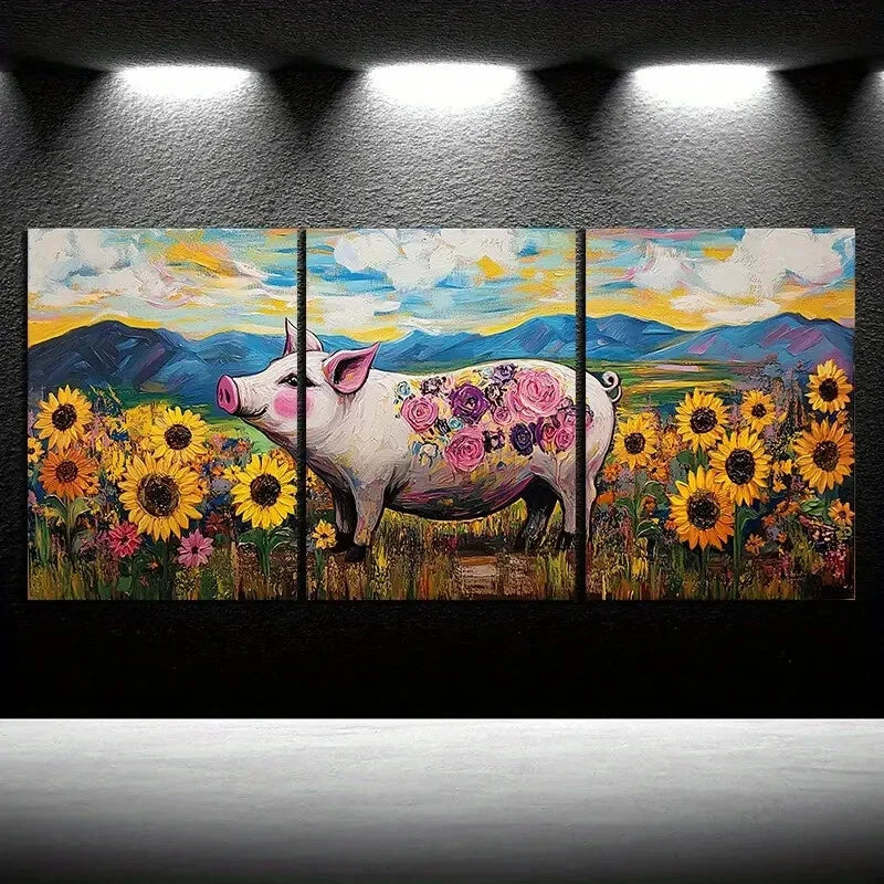 3pcs Pigs in The Fields Sunflower Metal Print Ready to Hang Art