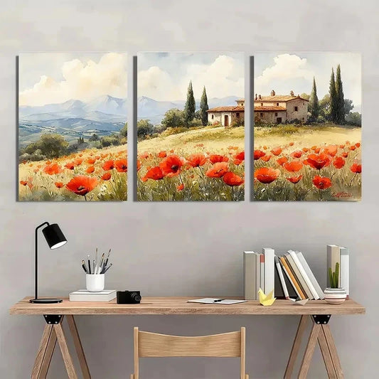 3pcs Tuscany Poppy Cottage Countryside Perfect Wall Art Set Canvas Framed 40x60cm - High Quality Print 100% Australian Made Wall Canvas Ready to Hang