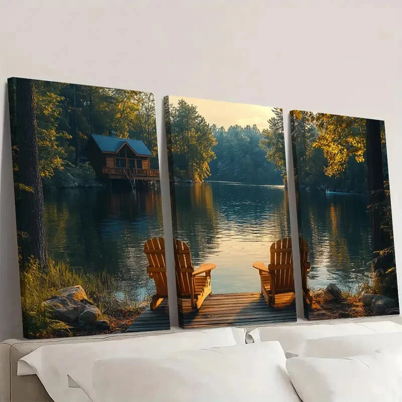 3pcs Lake House Scenery with Wooden Chairs Wall Art Set Canvas Framed 40x60cm - High Quality Print 100% Australian Made Wall Canvas Ready to Hang