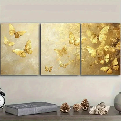 3pcs Golden Foil Butterfly Oil Paintings Metal Print Ready to Hang Art