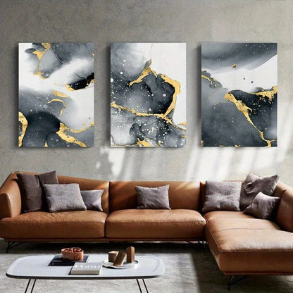 3pcs Golden Black Ink Wash Gray White Metal Print Ready to Hang Art