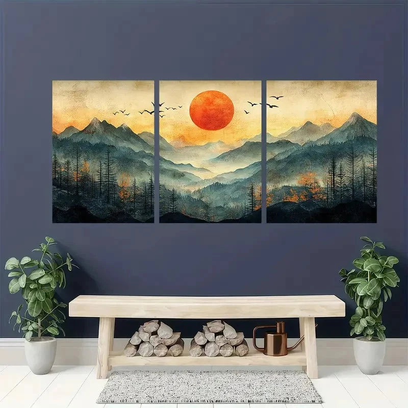 3pcs Mountain Landscape with Sun and Birds Wall Art Set Canvas Framed 60x90cm - High Quality Print 100% Australian Made Wall Canvas Ready to Hang