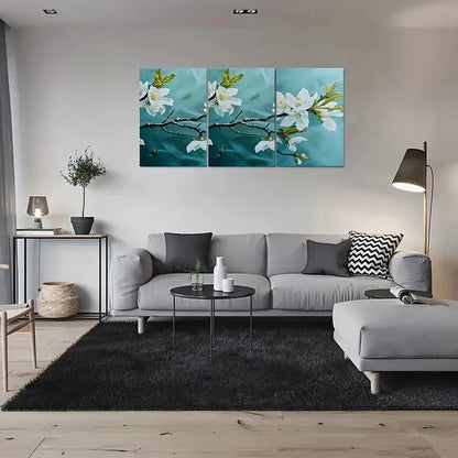 3pcs White Flowers on Blue Background Metal Print Ready to Hang Art