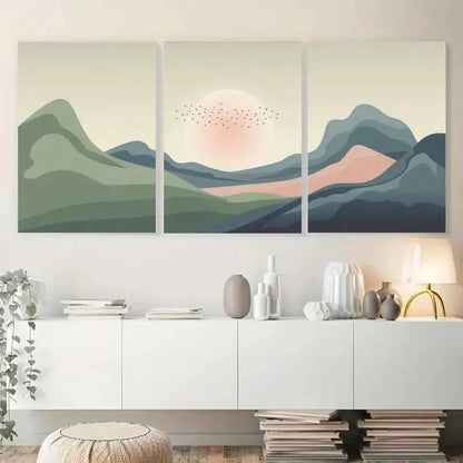 3pcs Layered Mountains Flying Birds Sun Metal Print Ready to Hang Art