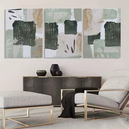 3pcs Green and Golden Watercolor Shape  Wall Art Set Canvas Framed 60x90cm - High Quality Print 100% Australian Made Wall Canvas Ready to Hang