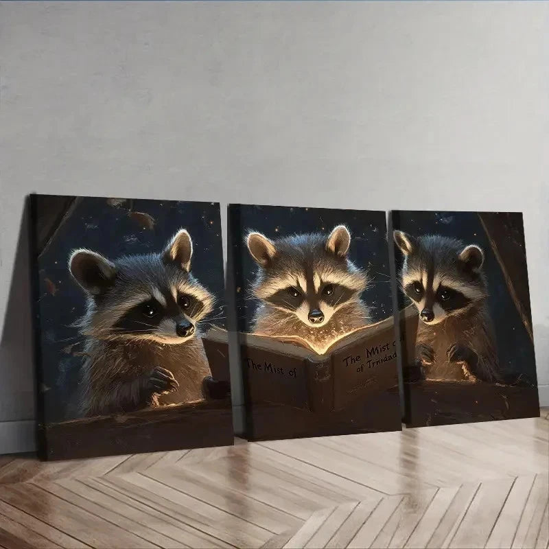 3pcs Raccoon Trio Reading Book Decor Wall Art Set Canvas Framed 40x60cm - High Quality Print 100% Australian Made Wall Canvas Ready to Hang