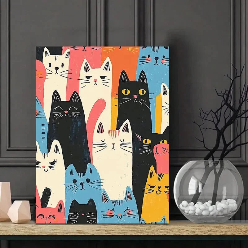 Colorful, Cute Cat Pattern In A Retro Style   40x60cm Metal Print Ready to Hang