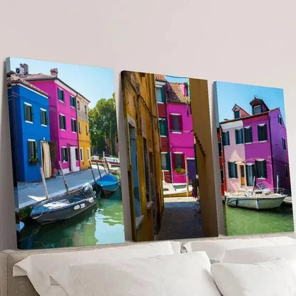 3pcs Colorful Venice Burano Island Canal Scene  Wall Art Set Canvas Unframed - High Quality Print 100% Australian Made Wall Canvas
