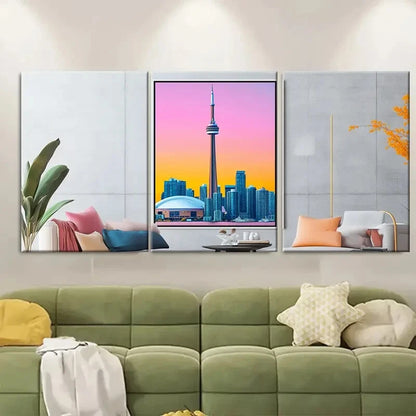 3pcs Vibrant Sunset & Cityscape Skyline Metal Print Ready to Hang Art