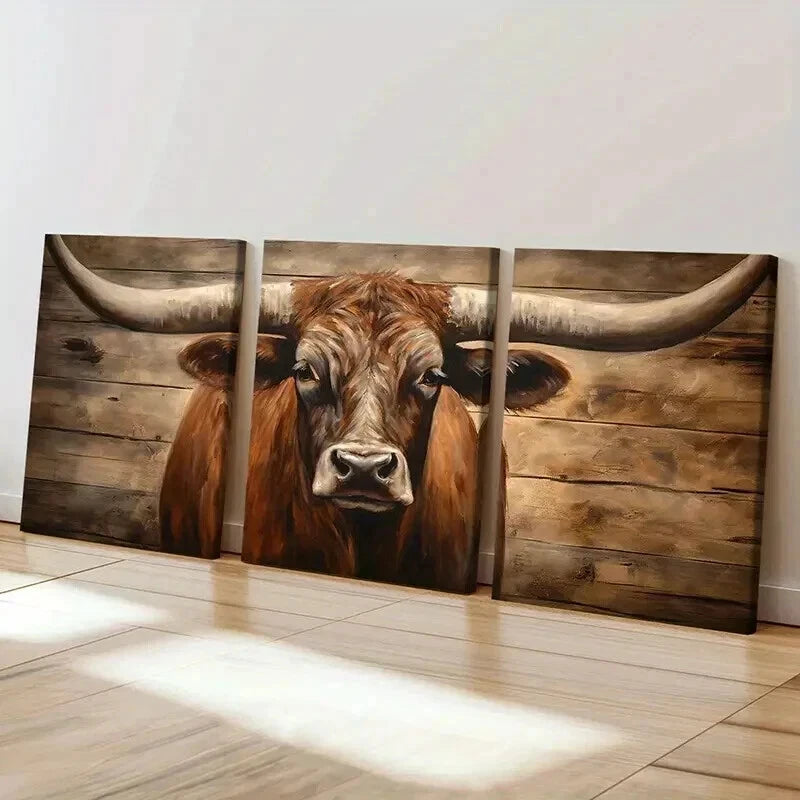 3pcs Vintage Rustic Texas Longhorn Cow Wall Art Set Canvas Framed 50x70cm - High Quality Print 100% Australian Made Wall Canvas Ready to Hang