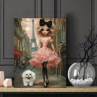 Beautiful Doll with Big Eyes, Wearing Shoulder Pink 40x60cm Metal Print Ready to Hang
