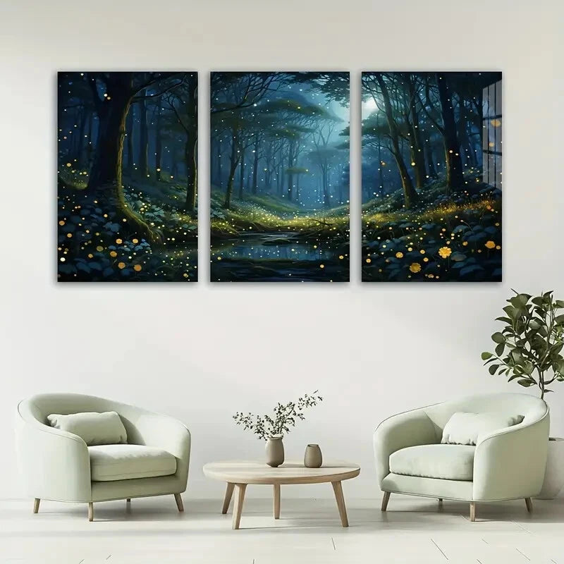 3pcs Moonlit Forest Fireflies Metal Print Ready to Hang Art