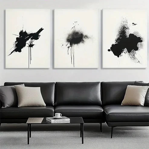 3pcs Black Ink Abstract Splatter Bold Perfect Wall Art Canvas Unframed – High Quality Print 100% Australian Made Wall Canvas