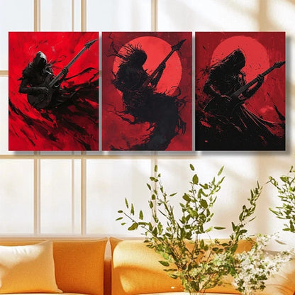 3pcs Dark Guitar Trio Black and Red Illustrations Metal Print Ready to Hang Art