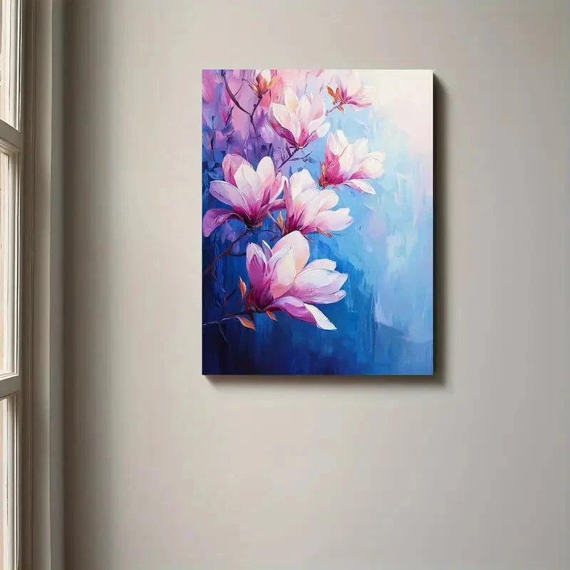 Painting of pink flowers on a blue background hanging on a wall.