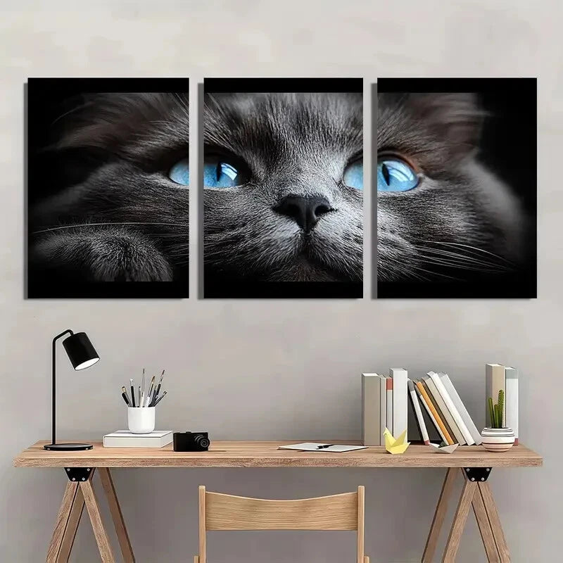 3pcs A black and White Cat Blue Eyes Metal Print Ready to Hang Art