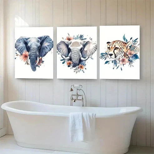3pcs Elephants and Cheetah with Floral Perfect Wall Art Set Canvas Unframed - High Quality Print 100% Australian Made Wall Canvas