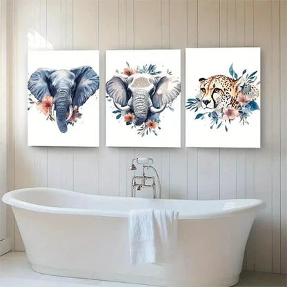 3pcs Elephants and Cheetah with Floral Perfect Wall Art Set Canvas Unframed - High Quality Print 100% Australian Made Wall Canvas