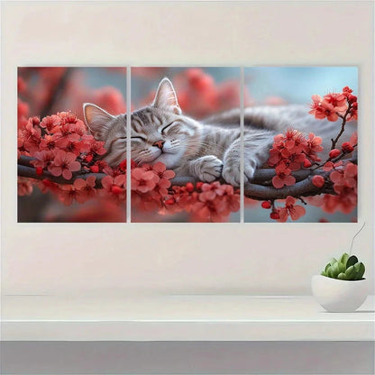 3pcs Sleeping Cat Cherry Blossom Metal Print Ready to Hang Art
