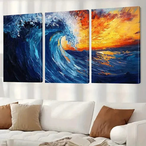 3pcs Blue And Orange Decorative Abstract Ocean Wall Art Set Canvas Framed 60x90cm - High Quality Print 100% Australian Made Wall Canvas Ready to Hang