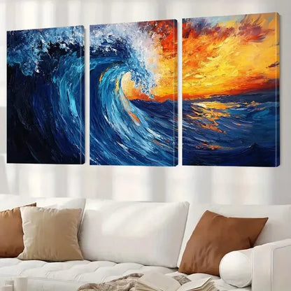 3pcs Blue And Orange Decorative Abstract Ocean Wall Art Set Canvas Framed 60x90cm - High Quality Print 100% Australian Made Wall Canvas Ready to Hang