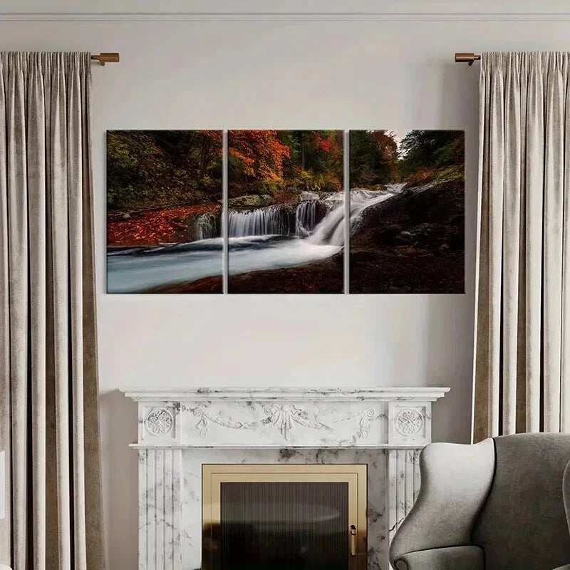3pcs Forest Stream Waterfall & Red Floral Wall Art Set Canvas Framed 40x60cm - High Quality Print 100% Australian Made Wall Canvas Ready to Hang