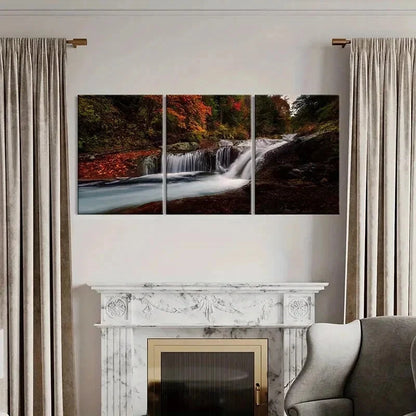 3pcs Forest Stream Waterfall & Red Floral Wall Art Set Canvas Framed 40x60cm - High Quality Print 100% Australian Made Wall Canvas Ready to Hang