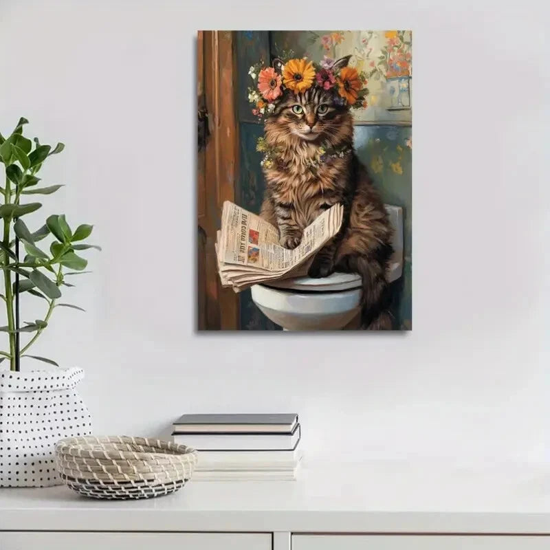 Contemporary Floral Crown Kitty Reading Newspaper 40x60cm Metal Print Ready to Hang