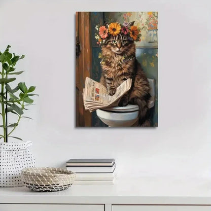 Contemporary Floral Crown Kitty Reading Newspaper 40x60cm Metal Print Ready to Hang