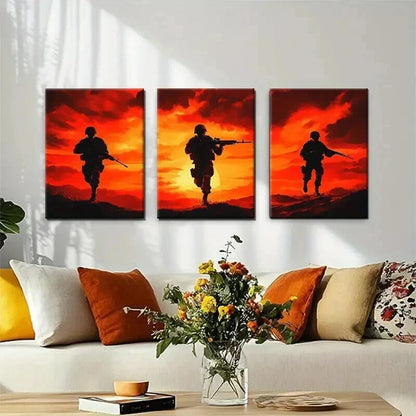 3pcs Heroic Battlefield Sunset Soldier Perfect Wall Art Set Canvas Framed 40x60cm - High Quality Print 100% Australian Made Wall Canvas Ready to Hang