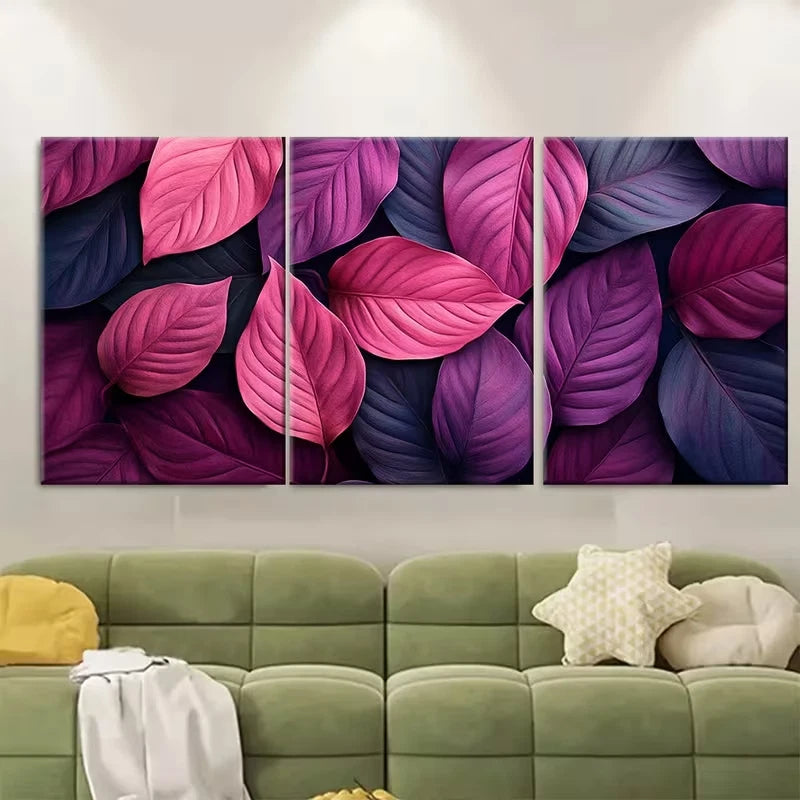 3pcs Magenta Pink Dusky Purple Foliage Metal Print Ready to Hang Art