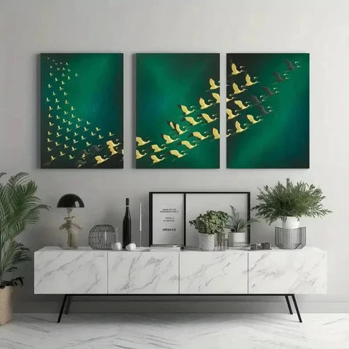 3pcs Green Background with Golden Accents Wall Art Set Canvas Unframed - High Quality Print 100% Australian Made Wall Canvas